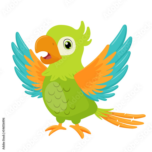 Green parrot bird standing and wave wing. Flat cartoon character isolated on white.