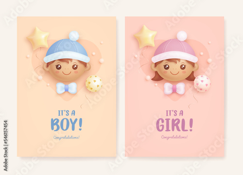 Baby shower invitation with cartoon black baby boy and black baby girl on beige and pink background. It's a girl. It's a boy. Vector illustration