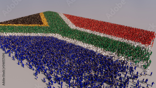 A Crowd of People gathering to form the Flag of South Africa. South African Banner on White.
