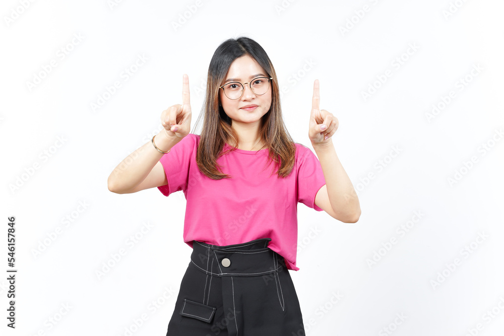Showing Product and Pointing Up Of Beautiful Asian Woman Isolated On White Background Showing Product and Pointing Up Of Beautiful Asian Woman Isolated On White Background
