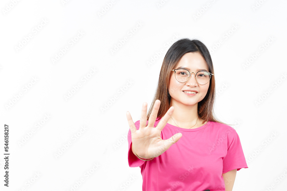 Showing count five finger Of Beautiful Asian Woman Isolated On White Background Showing count five finger Of Beautiful Asian Woman Isolated On White Background