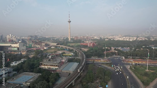 Drone footage of Delhi metro train and pitampura tower at netaji subhash place metro station  photo
