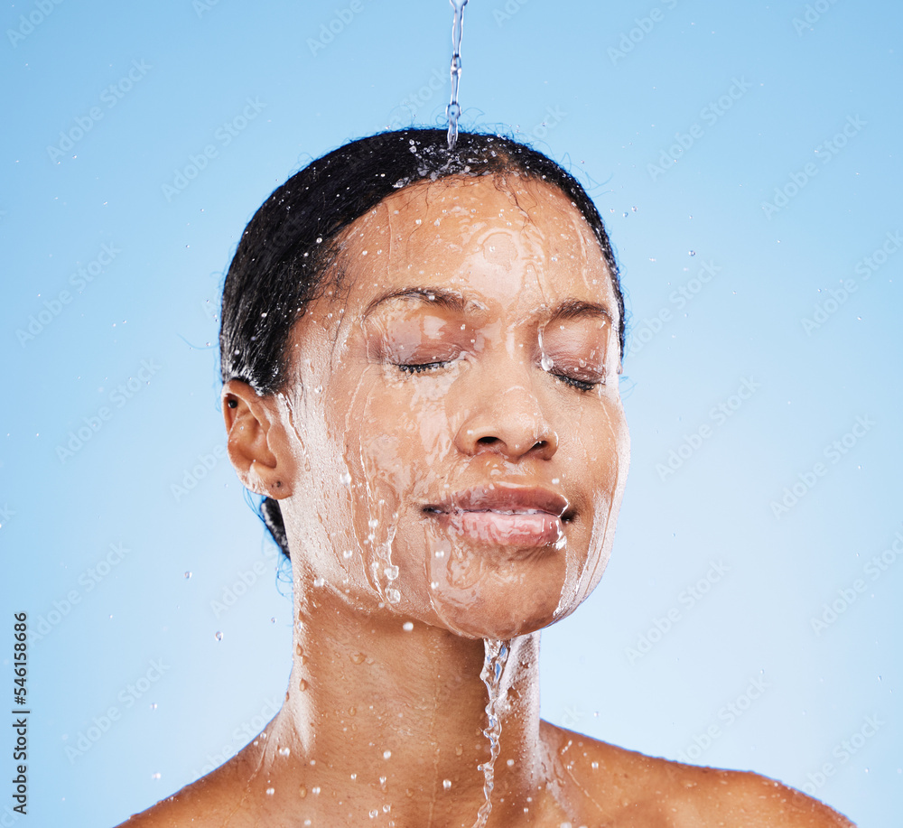 Shower, water and black woman in studio for face cleaning, morning skincare and wellness mockup