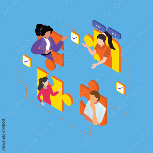 people connecting puzzle elements isometric 3d vector illustration concept for banner, website, illustration, landing page, flyer, etc.