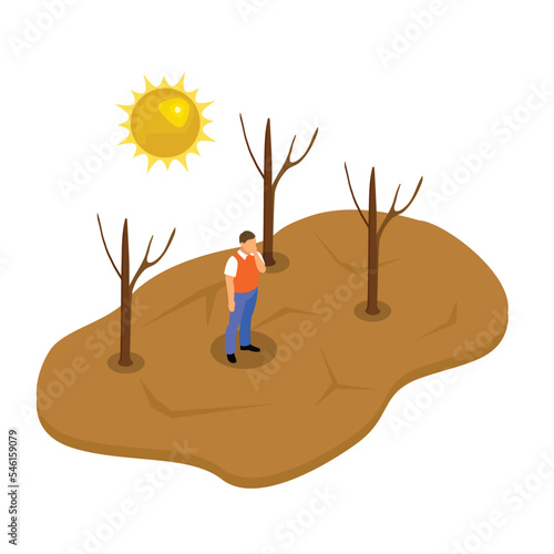Drought - Man stands in desert next to dead trees isometric 3d vector illustration concept for banner, website, illustration, landing page, flyer, etc.
