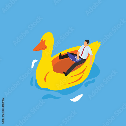 Businessman with laptop working on pool isometric 3d vector illustration concept for banner, website, illustration, landing page, flyer, etc.