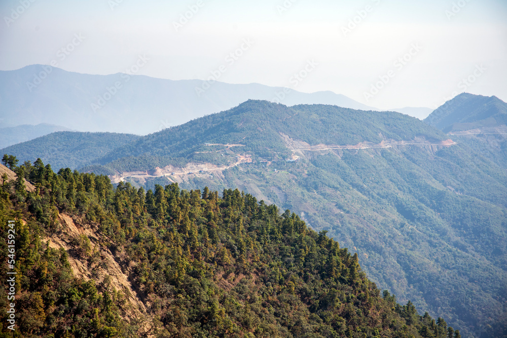 Panoramic view of windy road on the ridge of the mountains