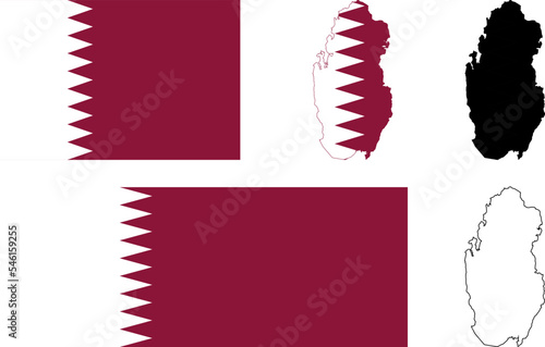 Qatar flag map national icon, country black silhouette outline logo set for wide long ribbon banner background