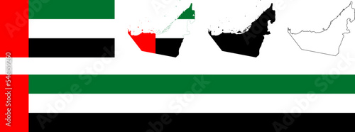 UAE United Arab Emirates national flag map icon, country black silhouette outline logo set for wide long ribbon banner background