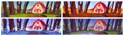 Stone farm house on forest glade in different seasons. Winter, summer, spring and autumn landscape of deep woods with forester home, vector cartoon illustrations set