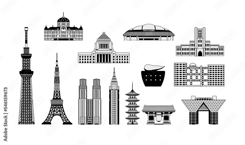 Tokyo landmark buildings (tower, temple etc.)  illustration set ( manga style )