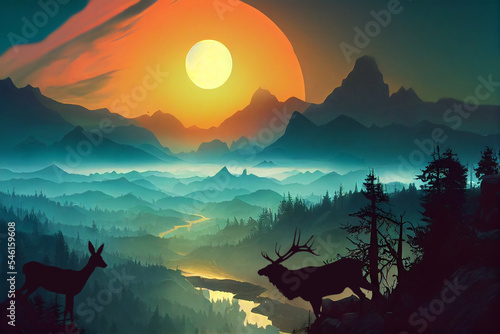 firewatch wallpaper background. beautiful scenery landscape graphic design. deer an the mountain and forest.