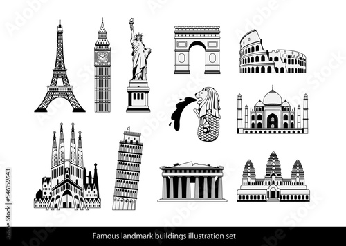 World famous buildings vector illustration set ( world heritage ) | Statue of liberty, Eiffel tower, Sagrada Familia etc