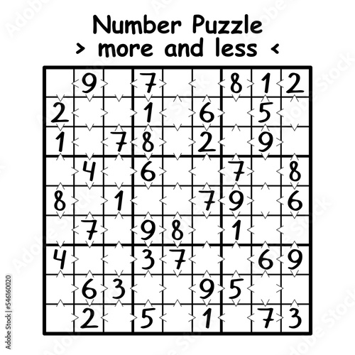 Number puzzle with more and less math symbols vector illustration. Sudoku game nine by nine black and white. Simple number puzzle for beginners printable page