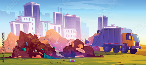Garbage truck dumping rubbish at cityscape background. Wastes disposal municipal problem, illegal landfill at city area, environment pollution and contamination concept, Cartoon vector illustration
