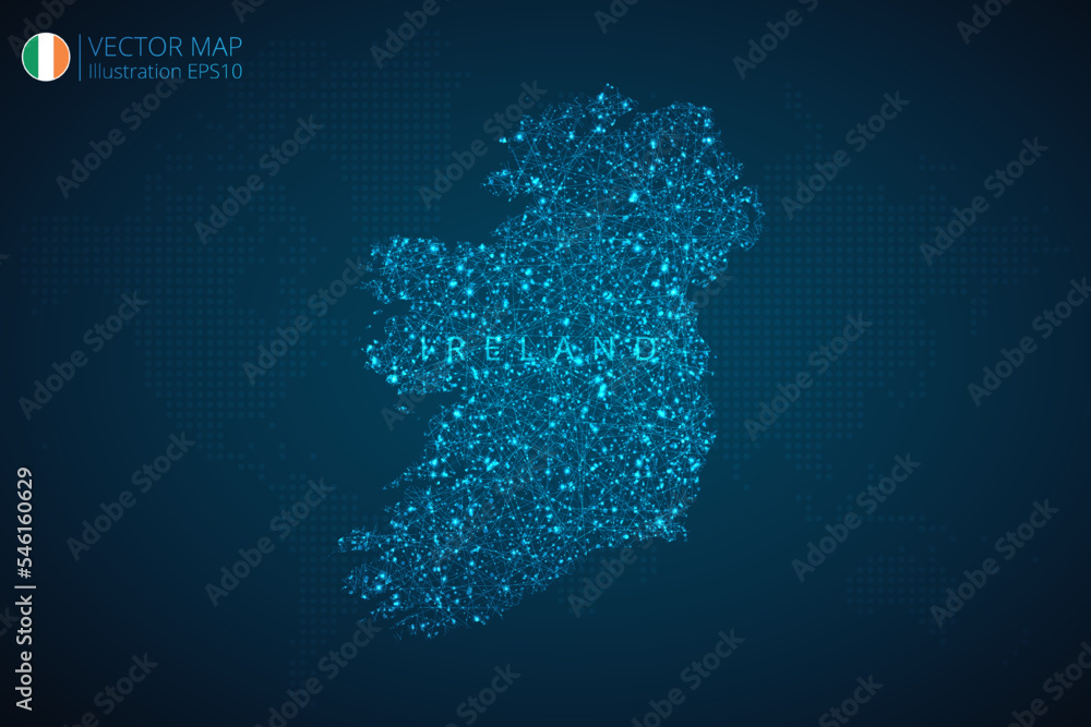 Map of Ireland modern design with abstract digital technology mesh polygonal shapes on dark blue background. Vector Illustration Eps 10.