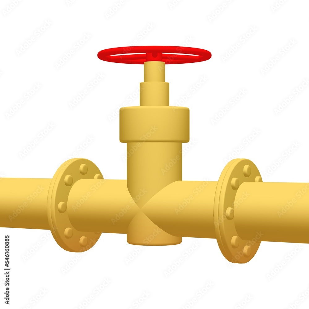 Red valve on the main gas pipeline. Industrial faucet for water, oil, gas pipes sewage. 3d render illustration