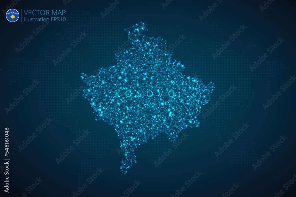 Map of Kosovo modern design with abstract digital technology mesh polygonal shapes on dark blue background. Vector Illustration Eps 10.