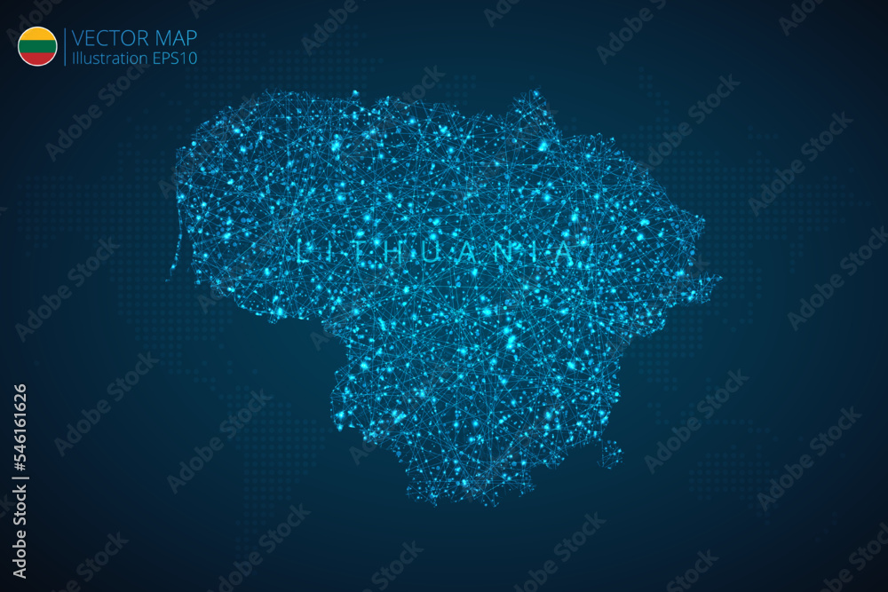 Map of Lithuania modern design with abstract digital technology mesh polygonal shapes on dark blue background. Vector Illustration Eps 10.