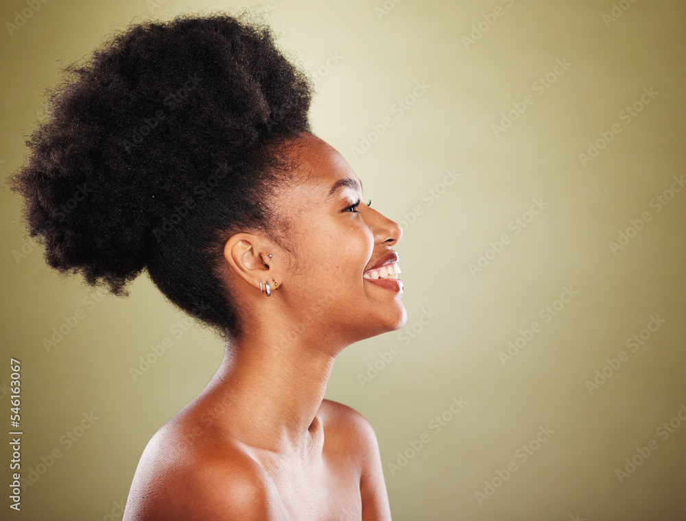 Black woman, hair and afro in studio with smile, beauty and wellness with skin glow, shine or hair care. Natural african model, skincare woman and cosmetic makeup on face, happy and studio background
