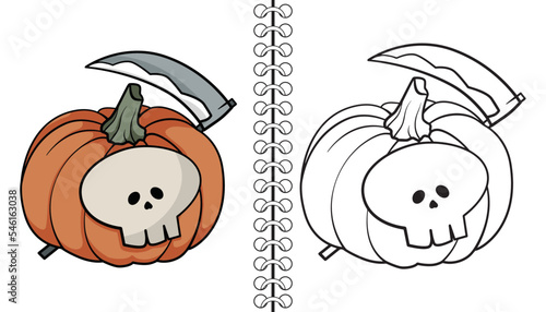 Psycho Pomp Pumpkin. Coloring book, outline and doodle cute pumpkin characters. Halloween, trick or treat coloring book page activity for kids and adults. Hand drawn vector illustration. photo