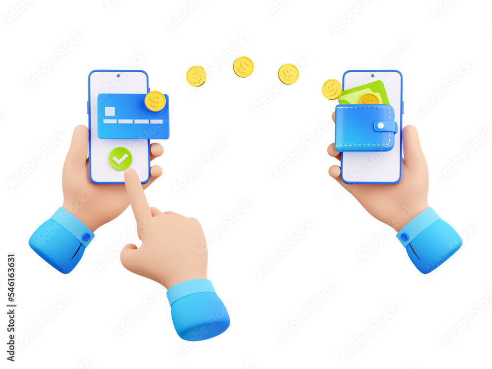 3d render money transfer, mobile banking online payment concept with hands holding smartphones sending dollar coins. International transaction, electronic wallet, Illustration in cartoon plastic style - obrazy, fototapety, plakaty 