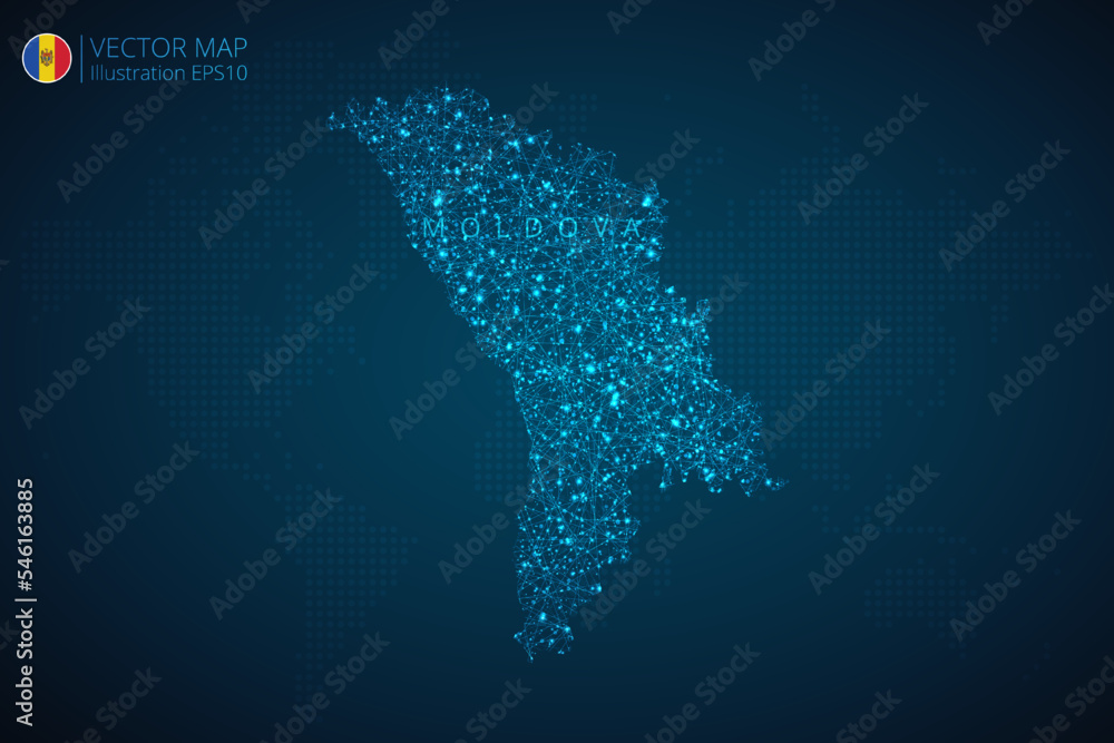 Map of Moldova modern design with abstract digital technology mesh polygonal shapes on dark blue background. Vector Illustration Eps 10.