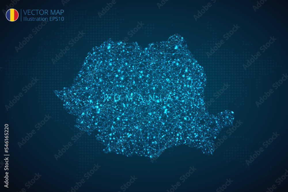 Map of Romania modern design with abstract digital technology mesh polygonal shapes on dark blue background. Vector Illustration Eps 10.