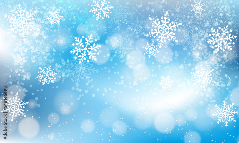 青い冬の背景　イルミネーション　キラキラ　クリスマス　雪の結晶のデザイン　イラスト素材　Winter Background with snow
