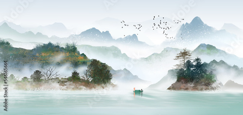 Artistic conception landscape painting Chinese style background illustration
