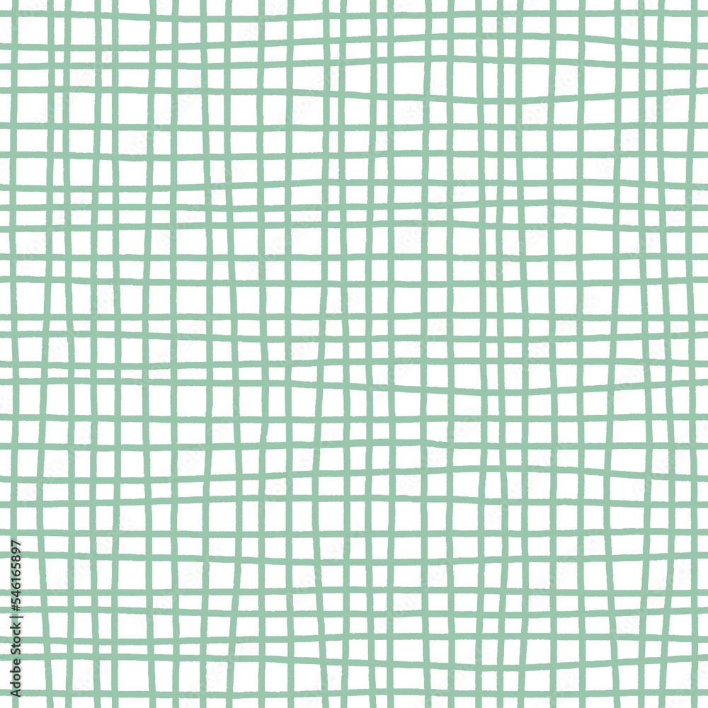 Teal checkered mesh on white seamless pattern. Stylized canvas texture. Hand drawn uneven grid paper. For textile, wrapping paper, wallpaper, stationery and packaging design