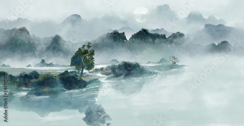 Tablou canvas Artistic conception landscape painting Chinese style background illustration
