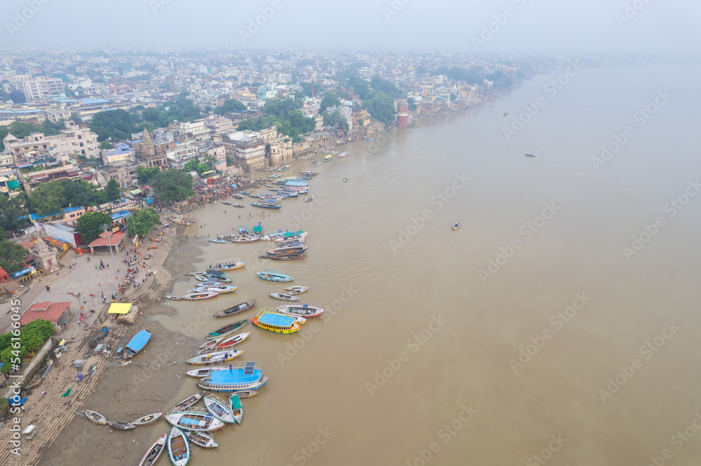 Aerial view of Varanasi city with  Ganges river, ghats, the houses in Varanasi, Banaras, Uttar Pradesh, India