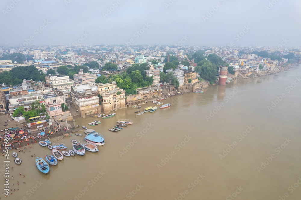 Aerial view of Varanasi city with Ganges river, ghats, the houses in Varanasi, Banaras, Uttar Pradesh, India Aerial view of Varanasi city with Ganges river, ghats, the houses in Varanasi, Banaras, Uttar Pradesh, India