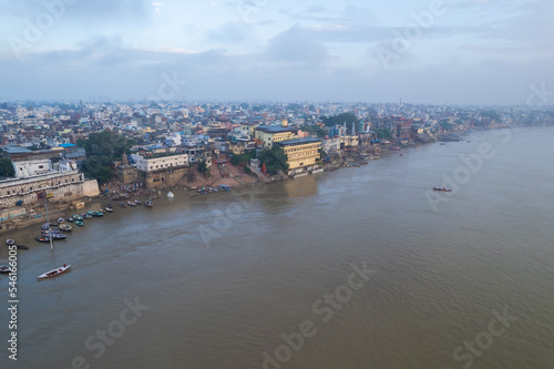 Aerial view of Varanasi city with  Ganges river, ghats, the houses in Varanasi, Banaras, Uttar Pradesh, India photo