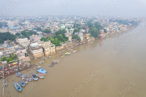 Aerial view of Varanasi city with Ganges river, ghats, the houses in Varanasi, Banaras, Uttar Pradesh, India