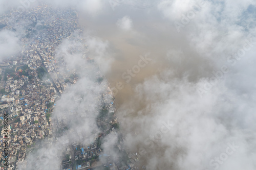 Aerial view of Varanasi city with Ganges river, ghats, the houses in Varanasi, Banaras, Uttar Pradesh, India