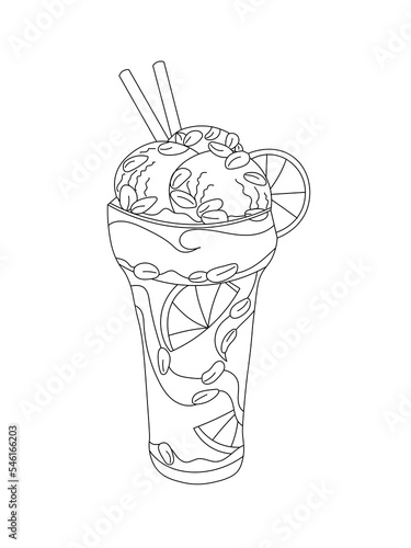 Ice Cream coloring page, isolated element on a white background. Vector illustration for coloring book for adult and kids. 