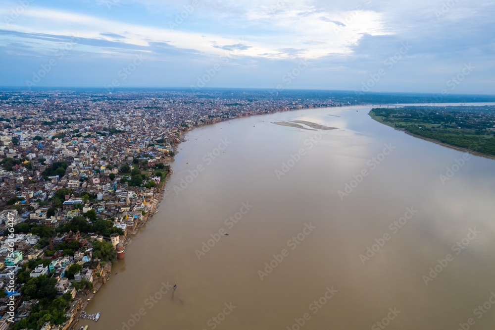 Aerial view of Varanasi city with  Ganges river, ghats, the houses in Varanasi, Banaras, Uttar Pradesh, India