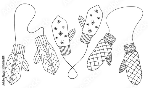 Set of mittens. Three pairs of winter crocheted mittens on a string. Contour vector drawing by hand isolated on white background. Winter doodles.