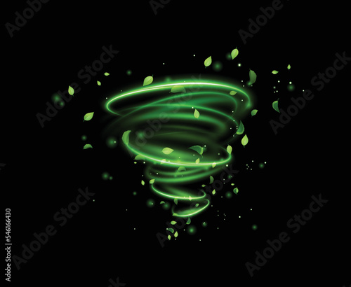 Green spiral spring wind effect with magic dust particles flying around and leaves particles on black background. Vector eps10