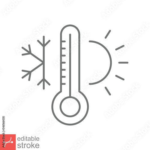 Weather temperature thermometer icon. Outline style sign for web and app. Thermometer with cold and hot symbol. Thin line vector illustration isolated on white background. Editable stroke EPS 10.