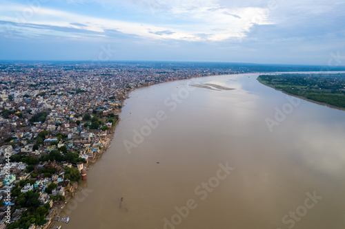 Aerial view of Varanasi city with  Ganges river  ghats  the houses in Varanasi  Banaras  Uttar Pradesh  India