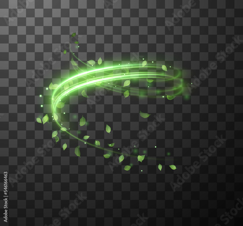 Green spiral spring wind effect with magic dust particles flying around and leaves particles on black background. Vector eps10