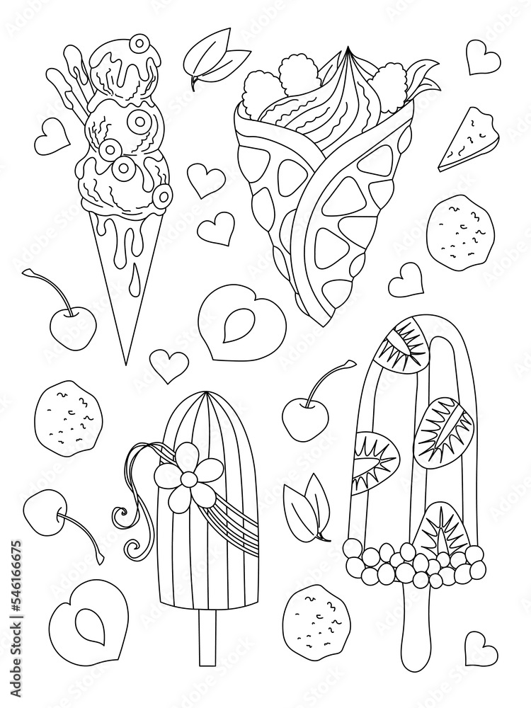 Different sorts of ice cream. Monochrome deserts isolated on white background. Coloring book style for children and adults. Hand drawn vector illustration
Different sorts of ice cream. Monochrome deserts isolated on white background. Coloring book style for children and adults. Hand drawn vector illustration