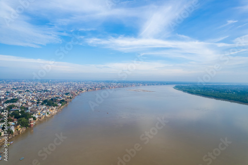 Aerial view of Varanasi city with Ganges river, ghats, the houses in Varanasi, Banaras, Uttar Pradesh, India