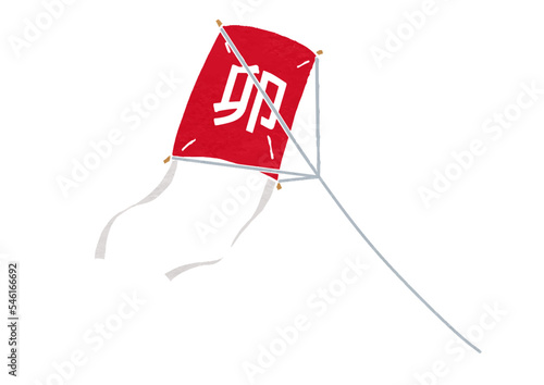 赤い「卯」入り角凧のイラスト（版画風）