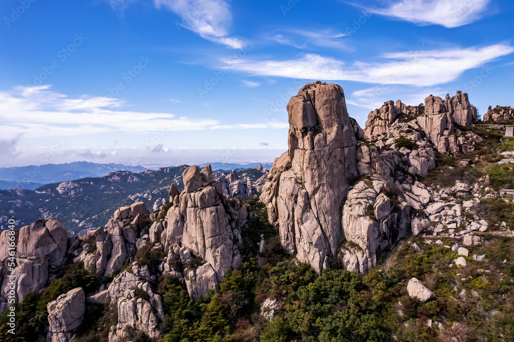 Aerial photography of the natural scenery of the giant peaks of Laoshan Mountain in Qingdao