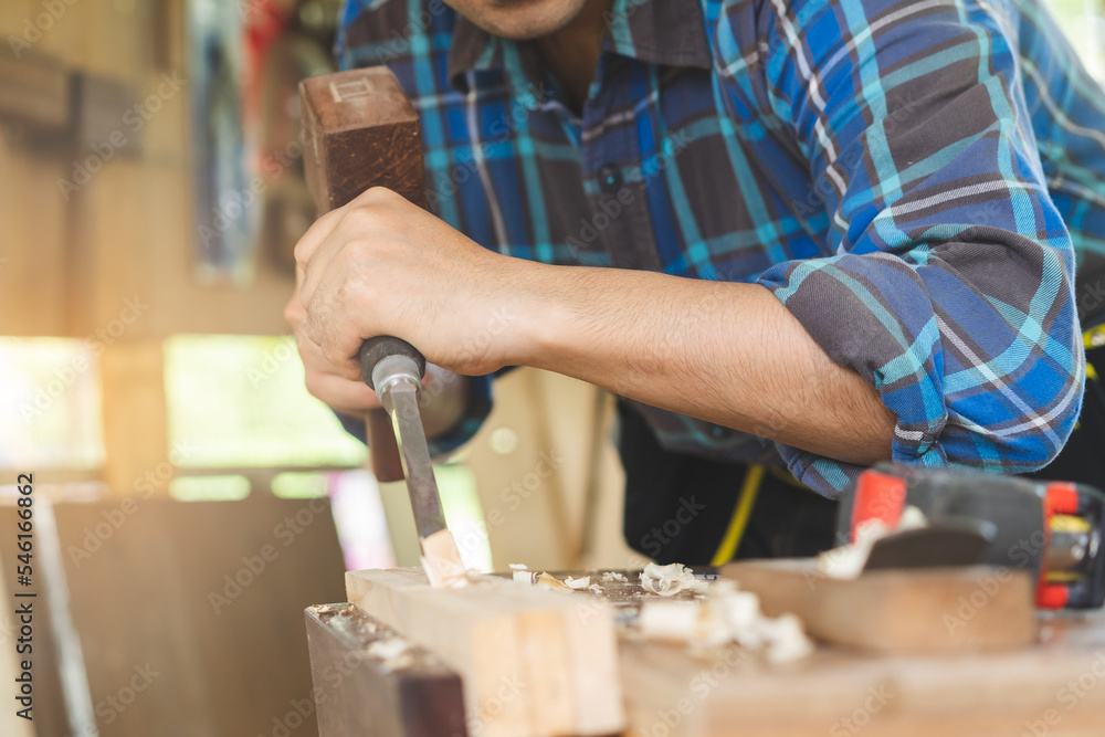 Carpentry professional, asian young man, male carpenter use machines or tool, shavings rugged on wood, timber in small shop. Woodwork, furniture making, construction industry. Owner small business.