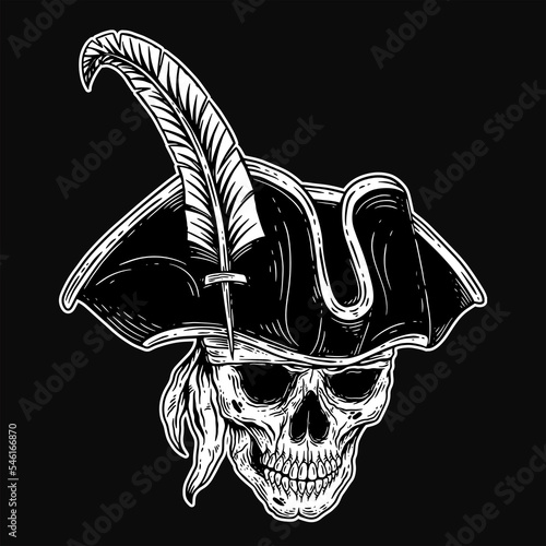 Dark Art Skull pirates captain Skeleton Vintage illustration for clothing apparel